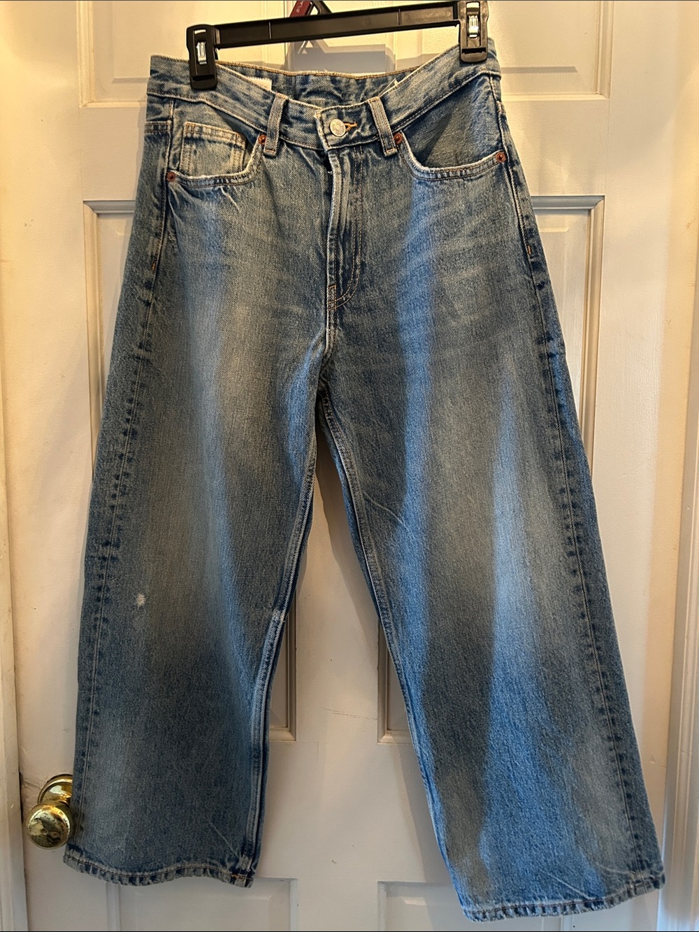 Zara Cropped Distressed Wide-Leg Jeans